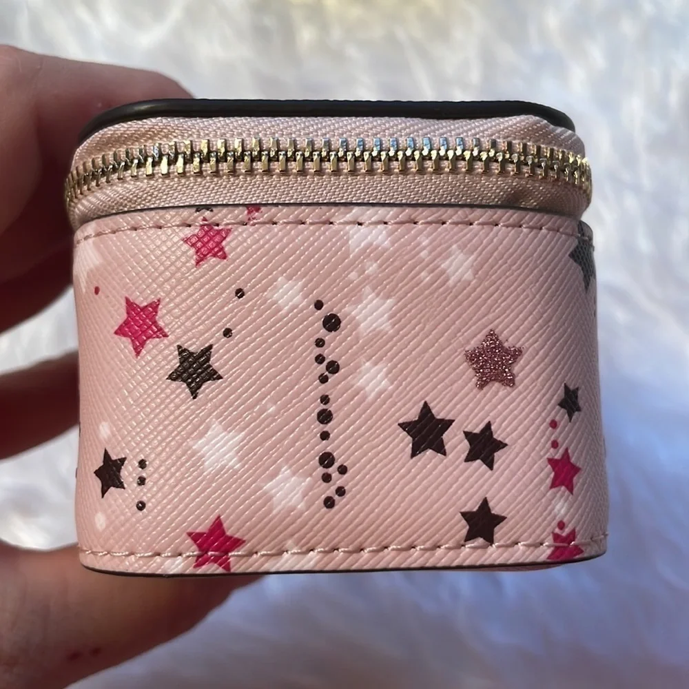 Brand New Kate Spade Genuine Leather Pink Stars Zippered Travel Jewelry Box
